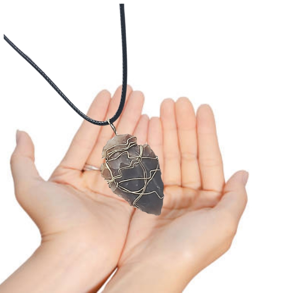 Hand-wired Brown Arrowhead Stone Pendant with Black Cord Necklace